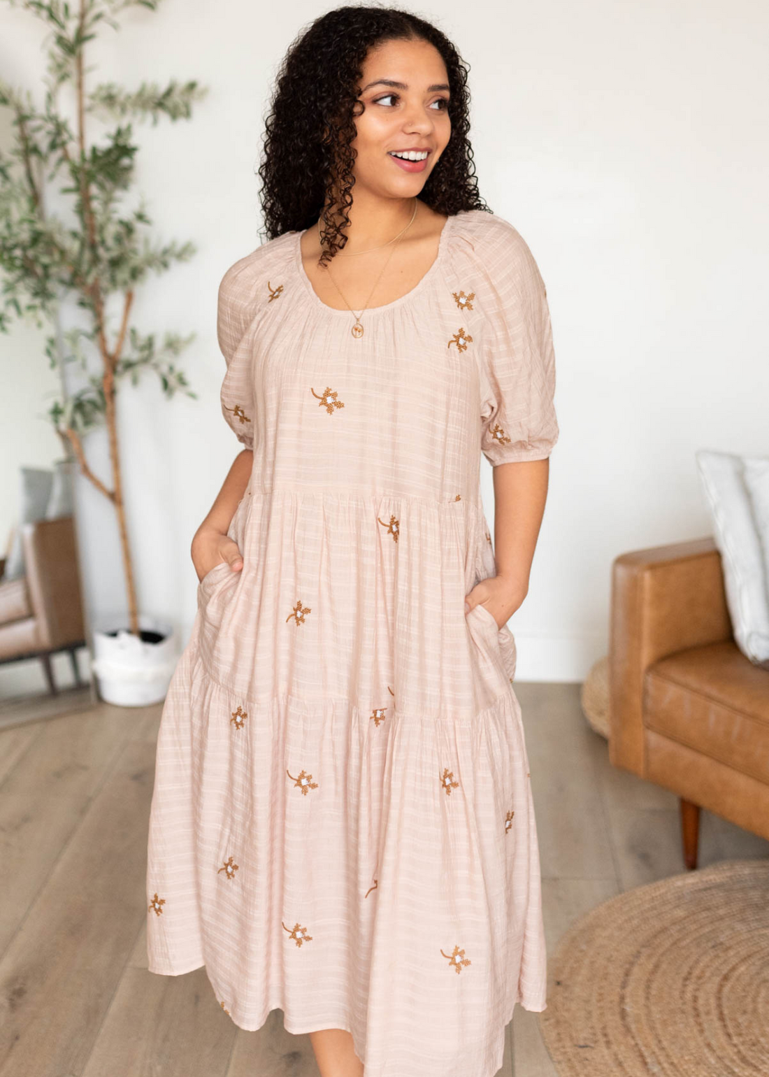 Lyssa Natural Embroidered Floral Dress