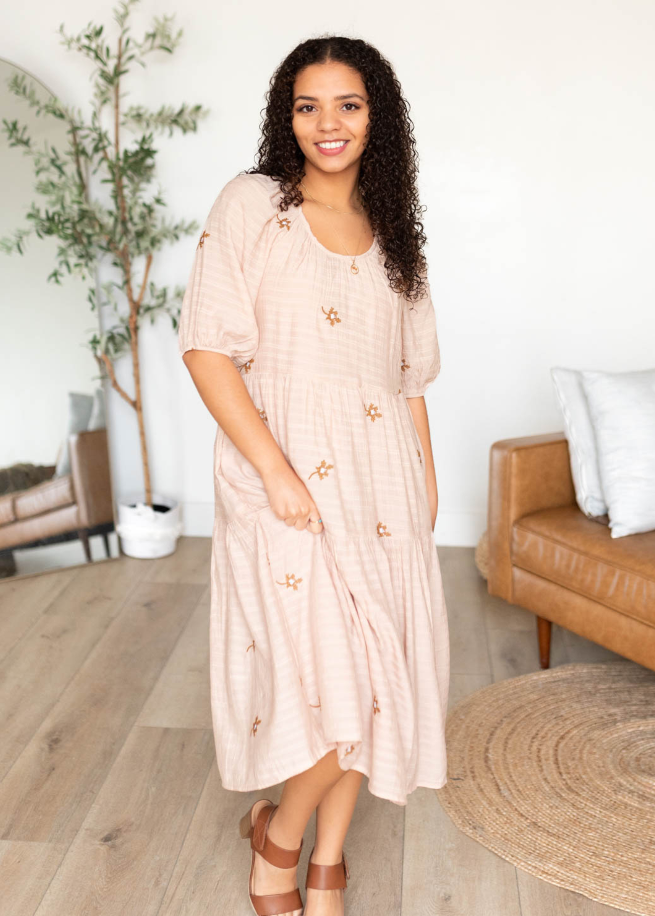 Lyssa Natural Embroidered Floral Dress