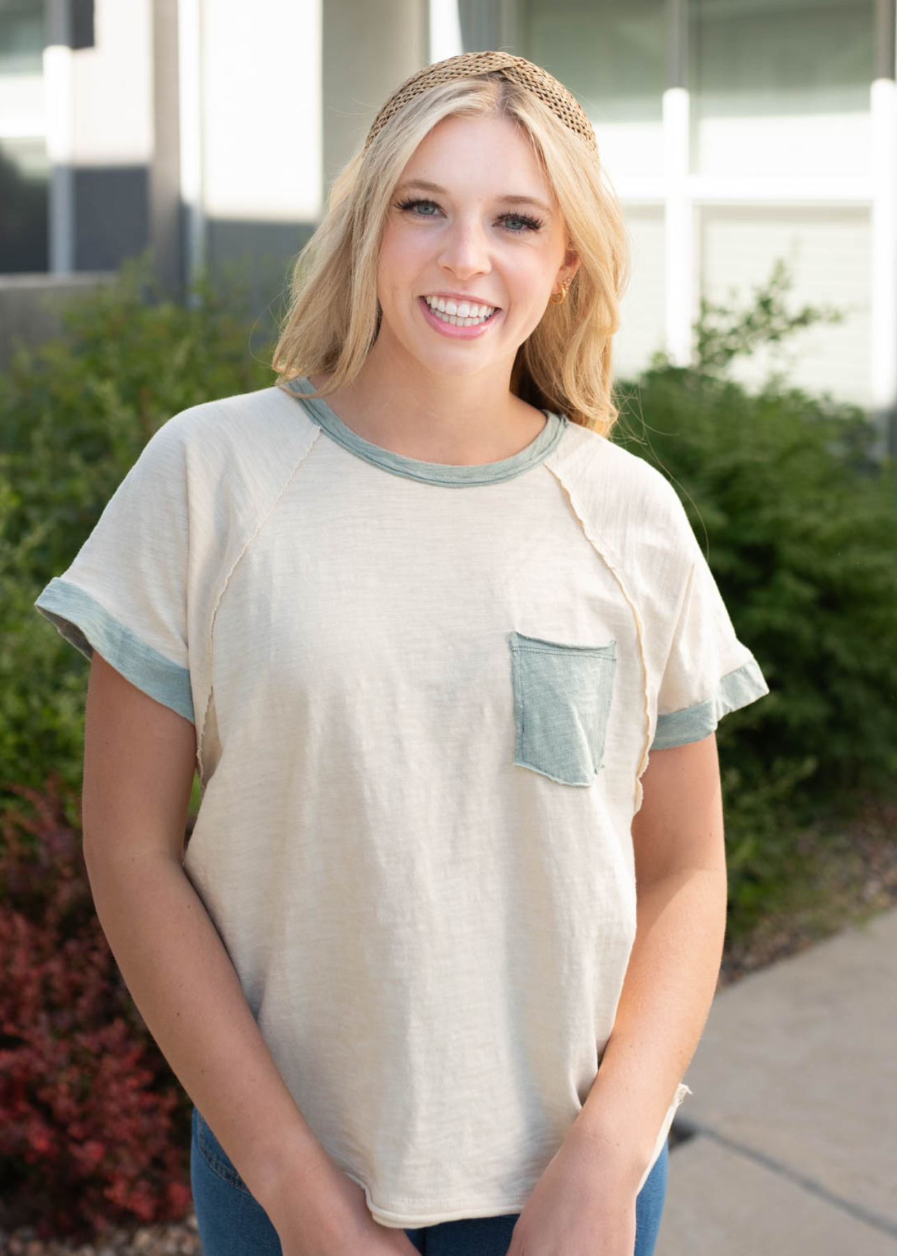 Macey Cream Sage Pocket Top