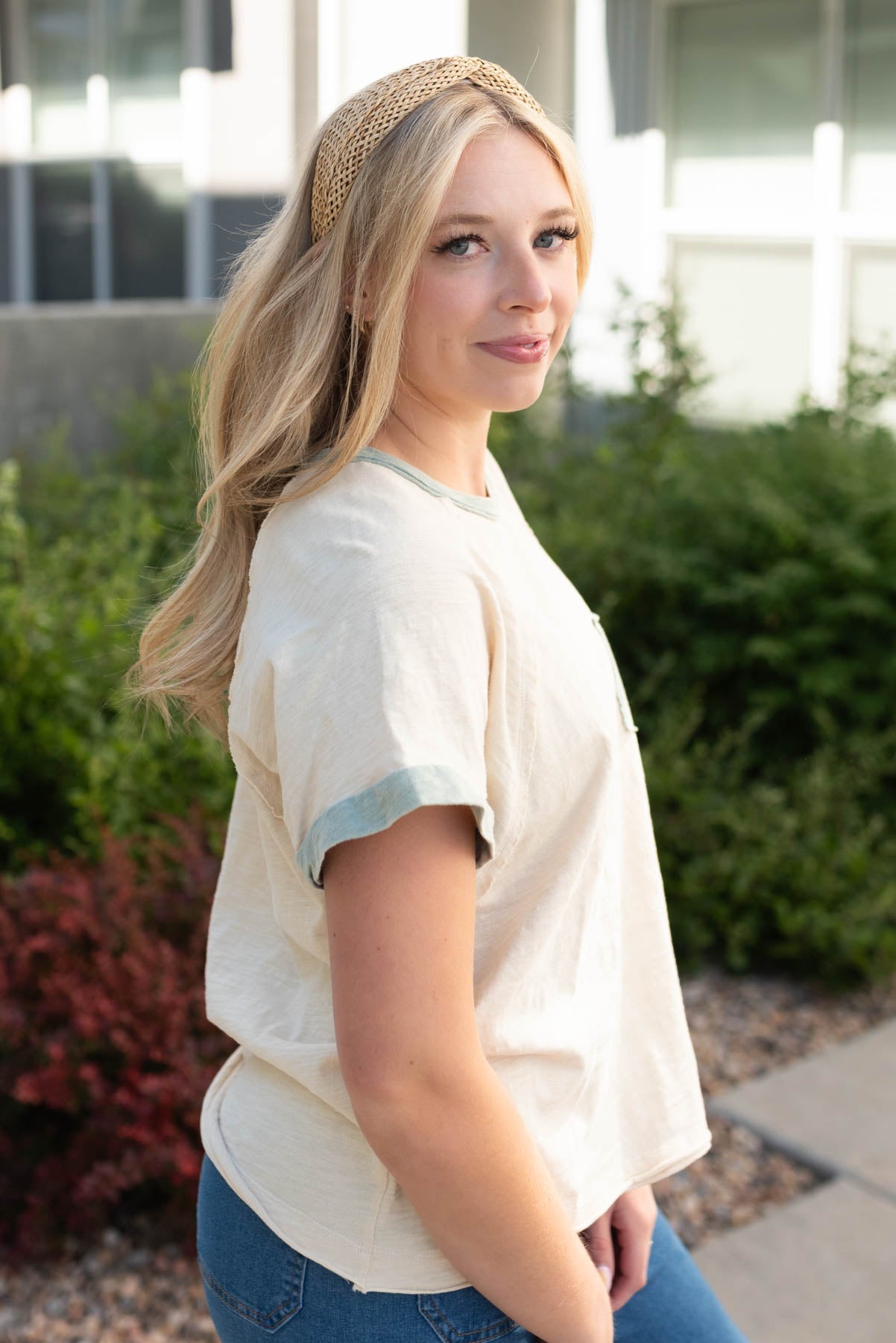Macey Cream Sage Pocket Top