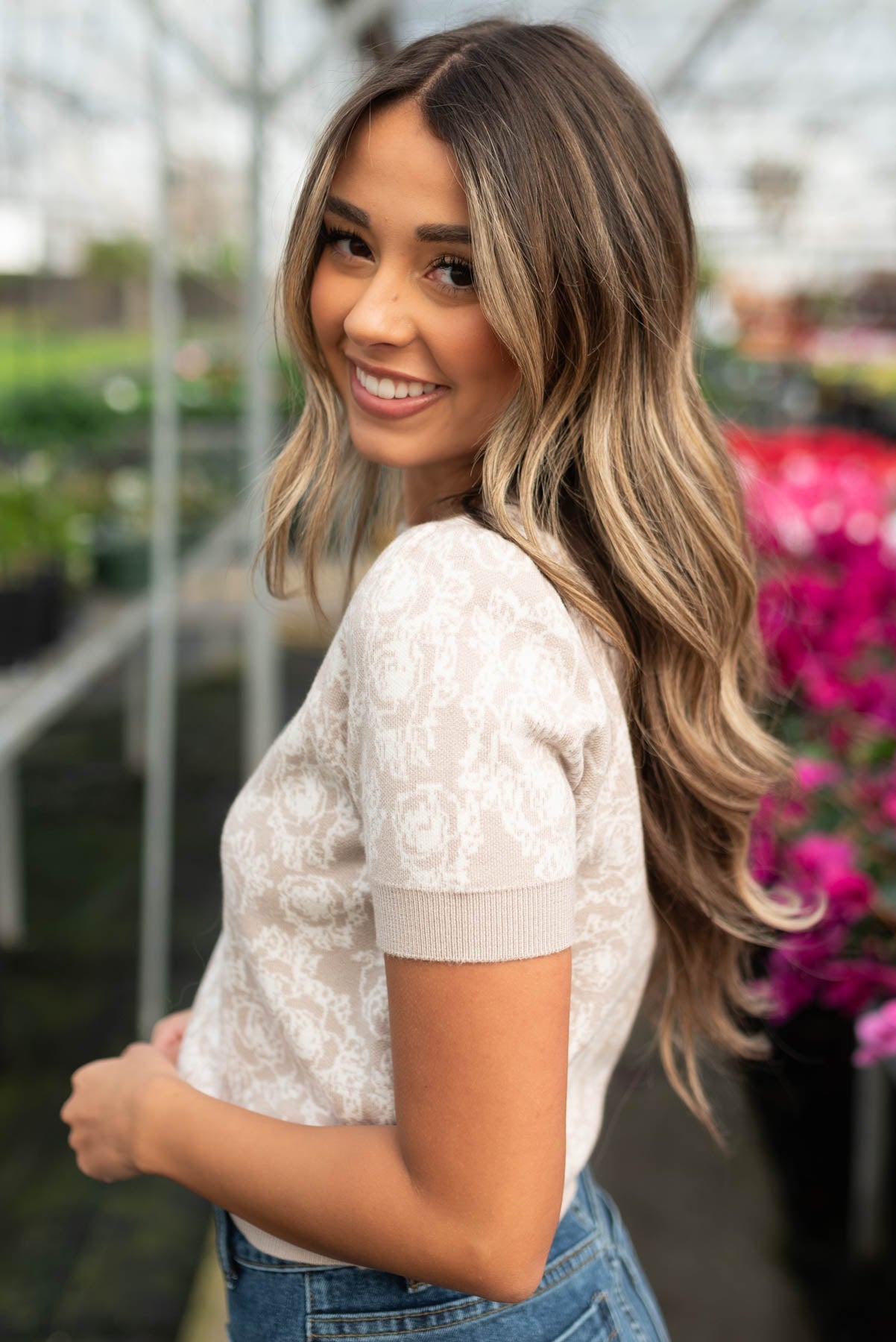 Maddison Taupe Floral Knit Top