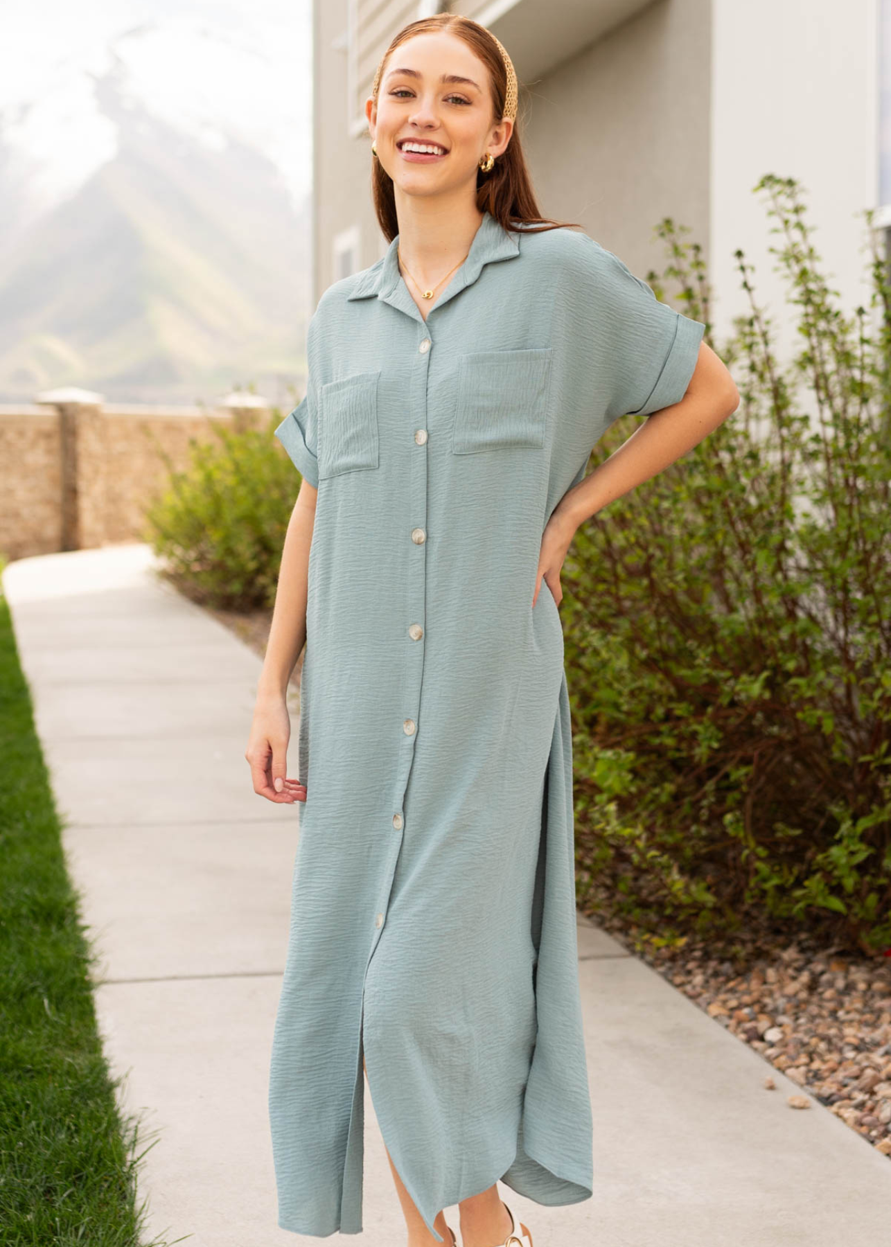 Magdoline Sage Blue Button Down Dress