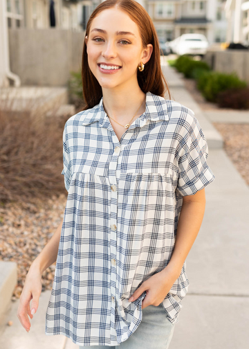 Maia Navy Button Down Top