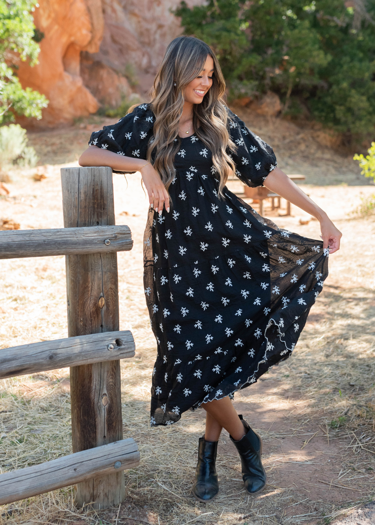 Maiya Black Floral Tiered Dress