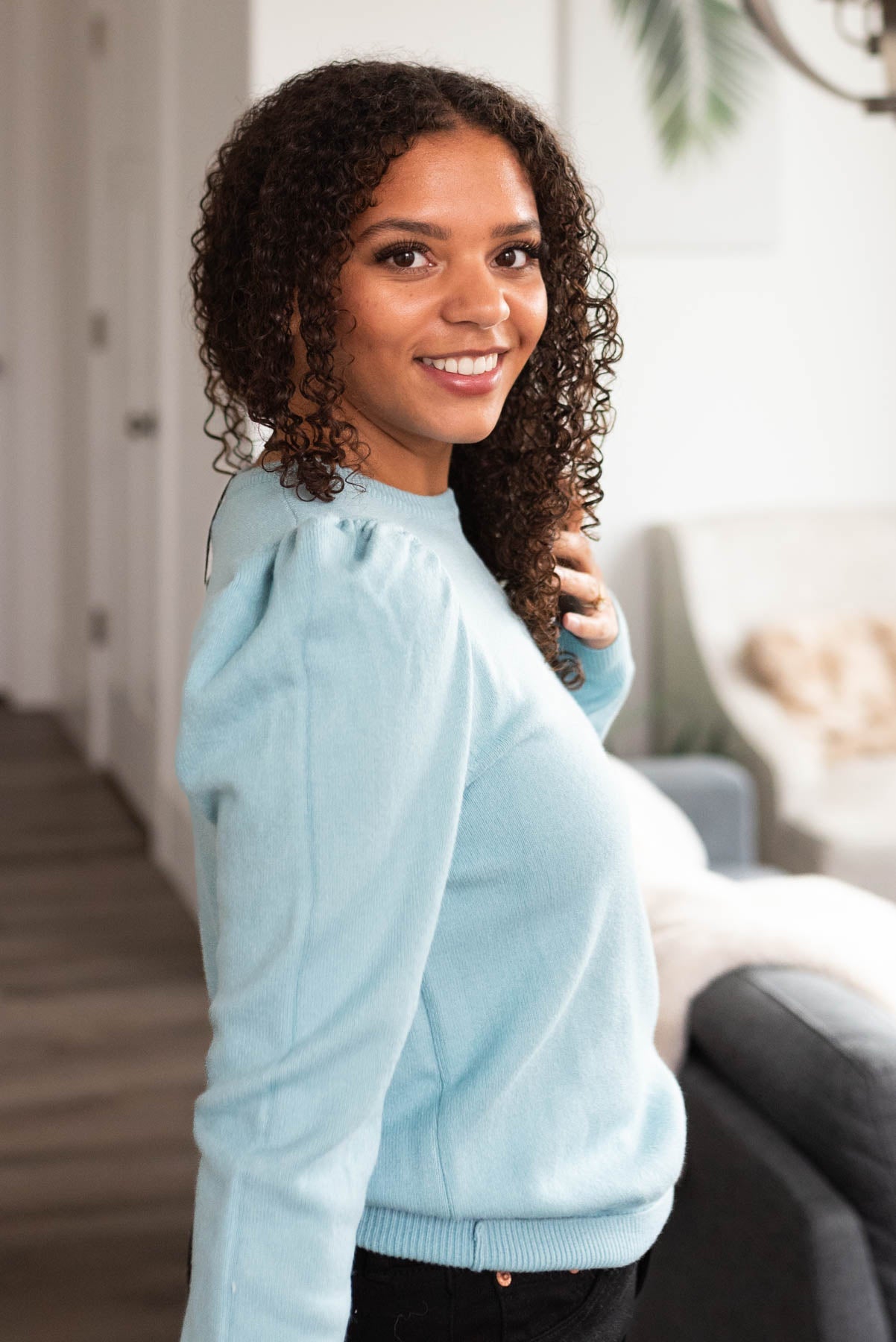 Makayla Sky Blue Puff Sleeve Sweater