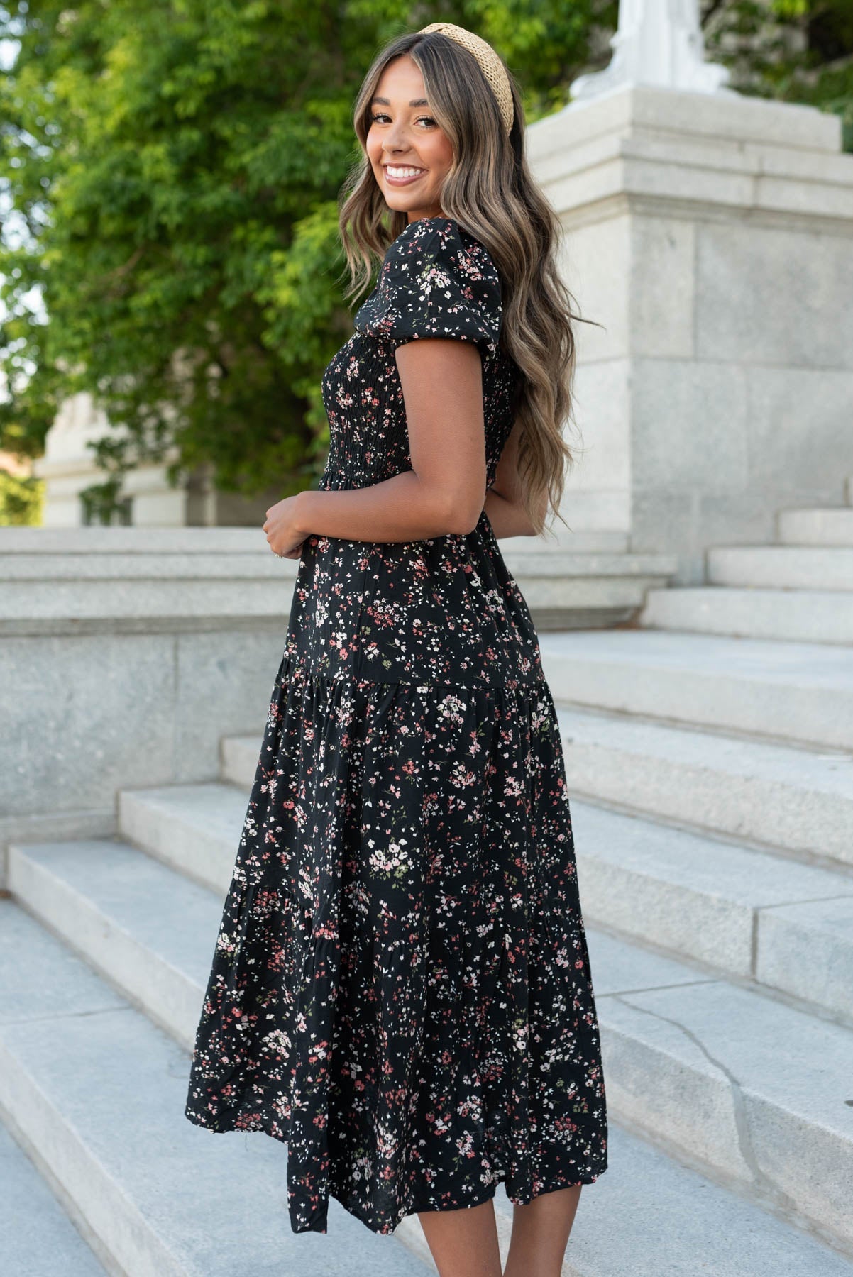 Mandy Black Floral Tiered Dress