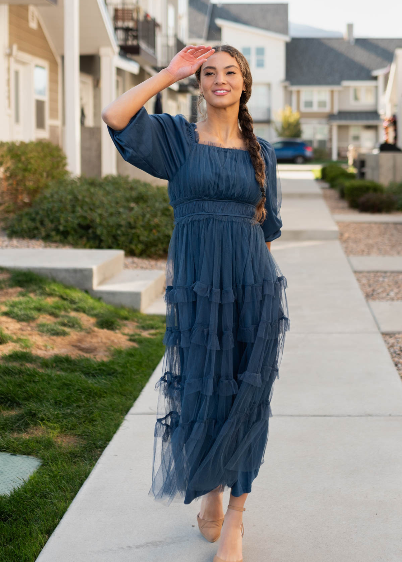 Marci Navy Long Sleeve Ruffle Dress