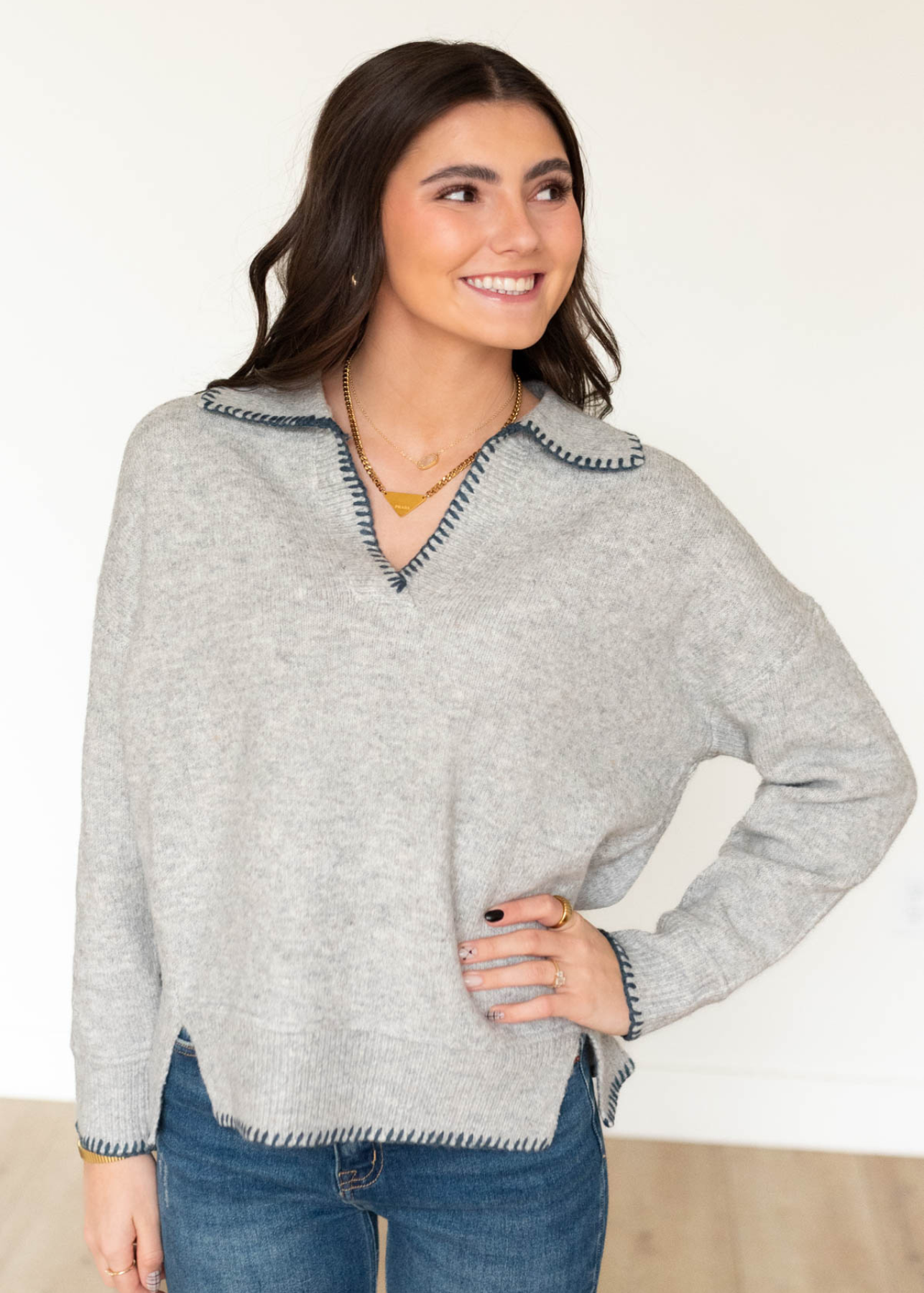Marcia Navy Stitched Knit Sweater