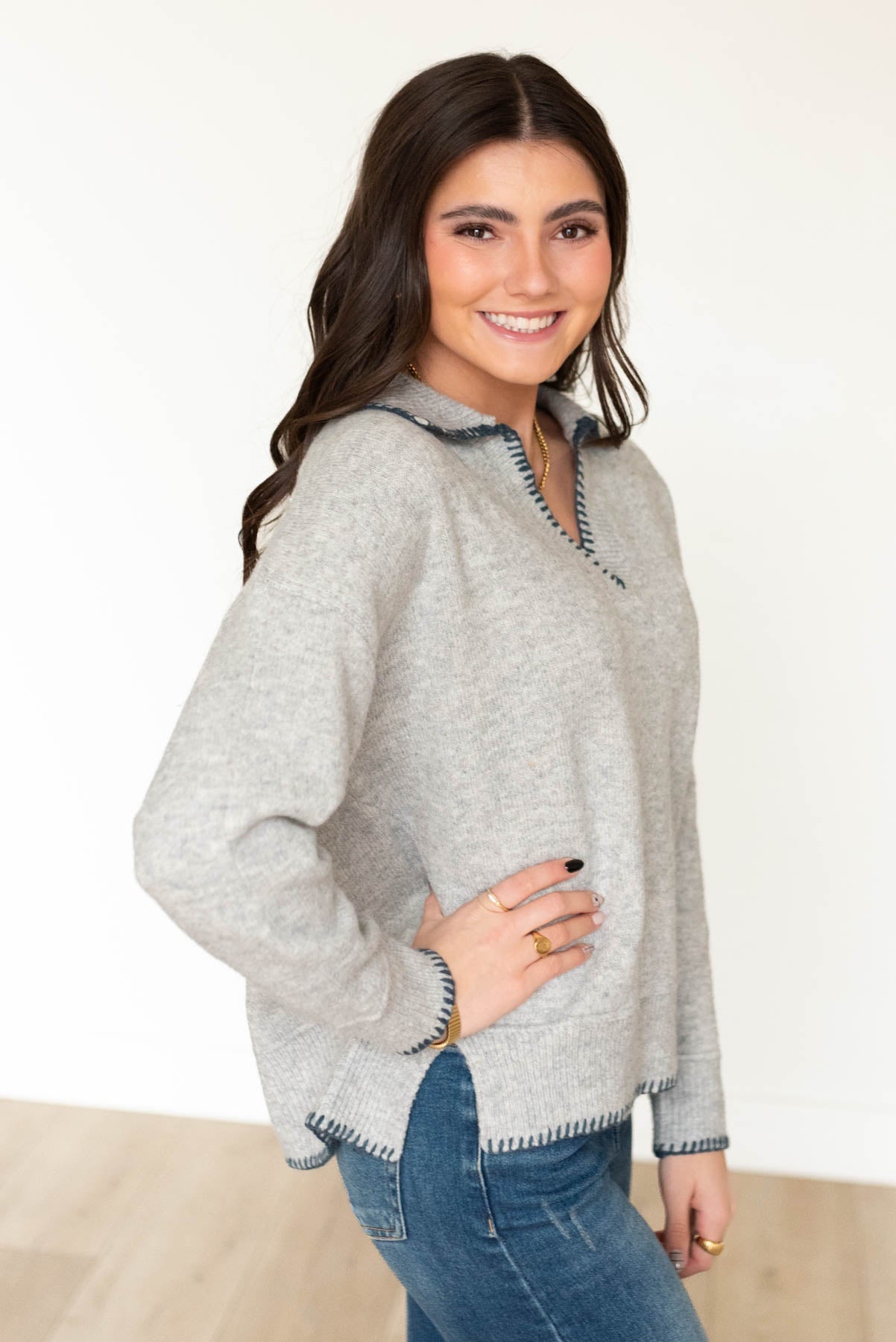 Marcia Navy Stitched Knit Sweater