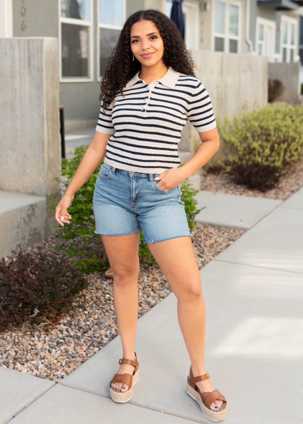 Marcilyn Navy Striped Knitted Pollo Top