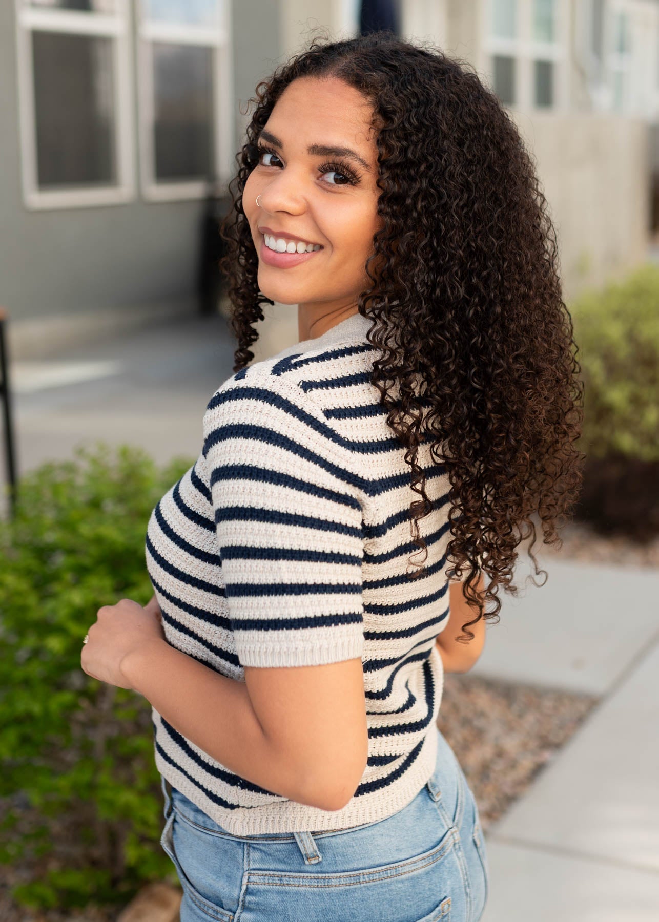 Marcilyn Navy Striped Knitted Pollo Top