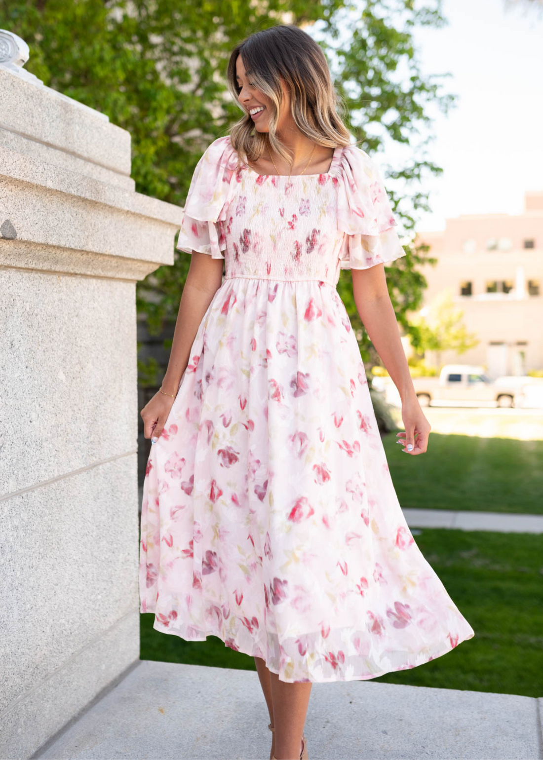 Marlie Blush Watercolor Floral Dress