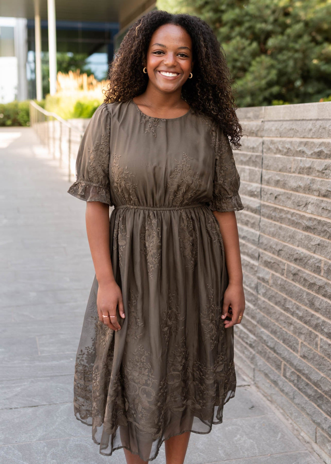 Mary Dark Olive Embroidered Dress