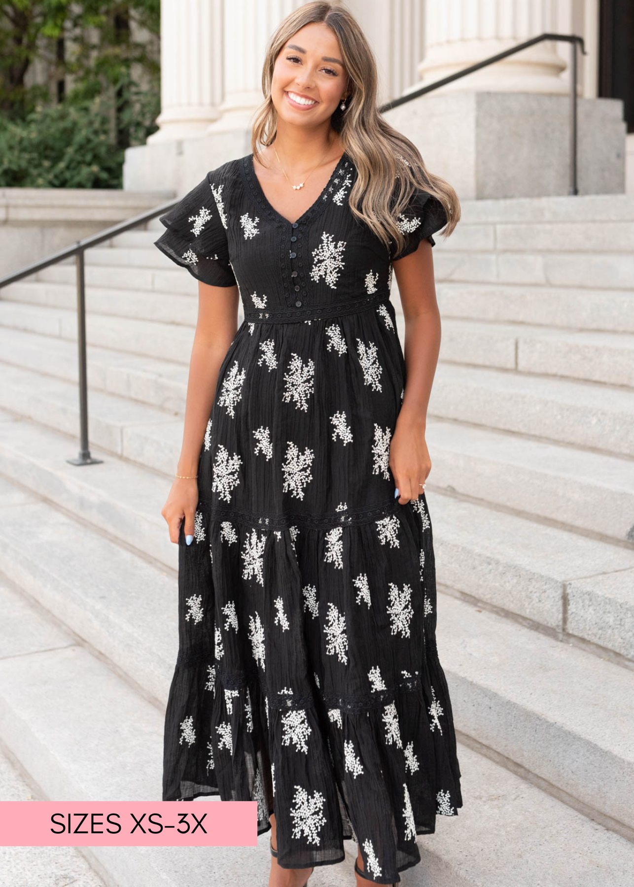 Mckenna Black Embroidered Tiered Dress