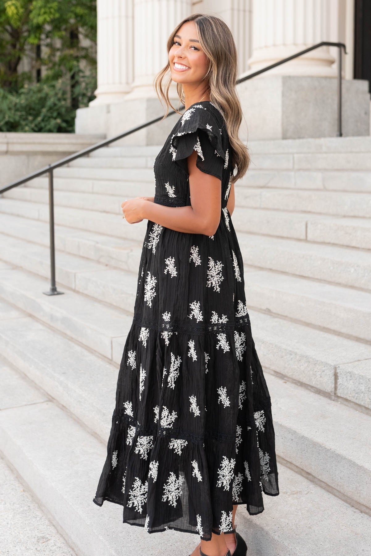 Mckenna Black Embroidered Tiered Dress