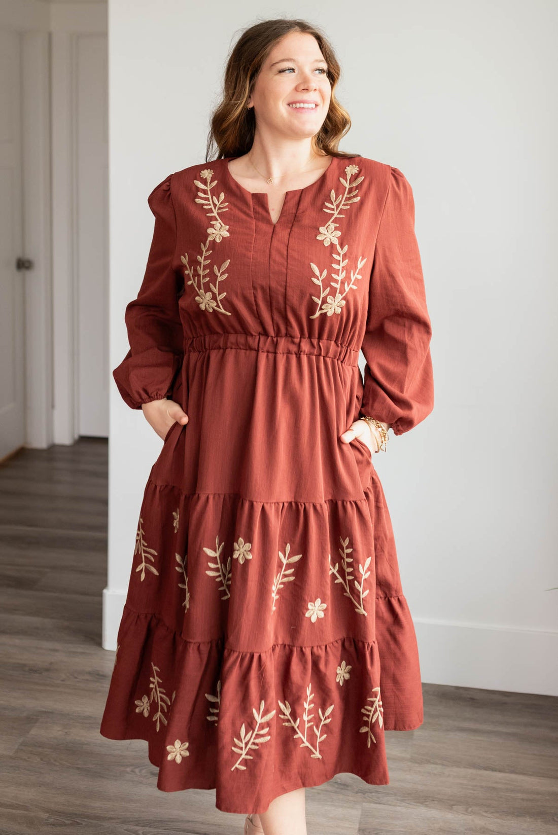 Megan Burgundy Embroidered Floral Dress