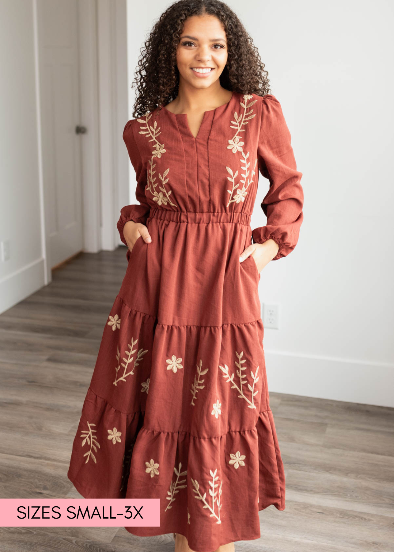 Megan Burgundy Embroidered Floral Dress