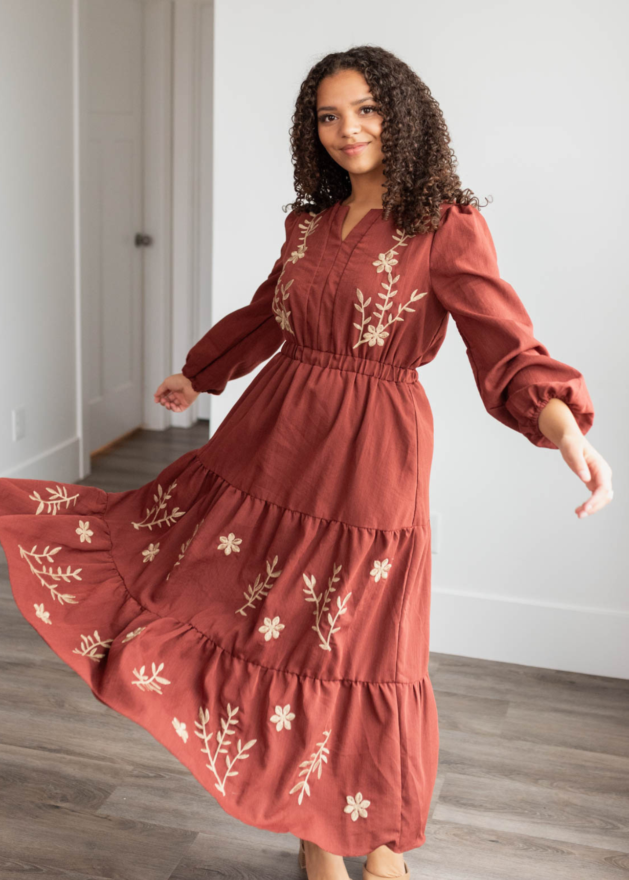 Megan Burgundy Embroidered Floral Dress