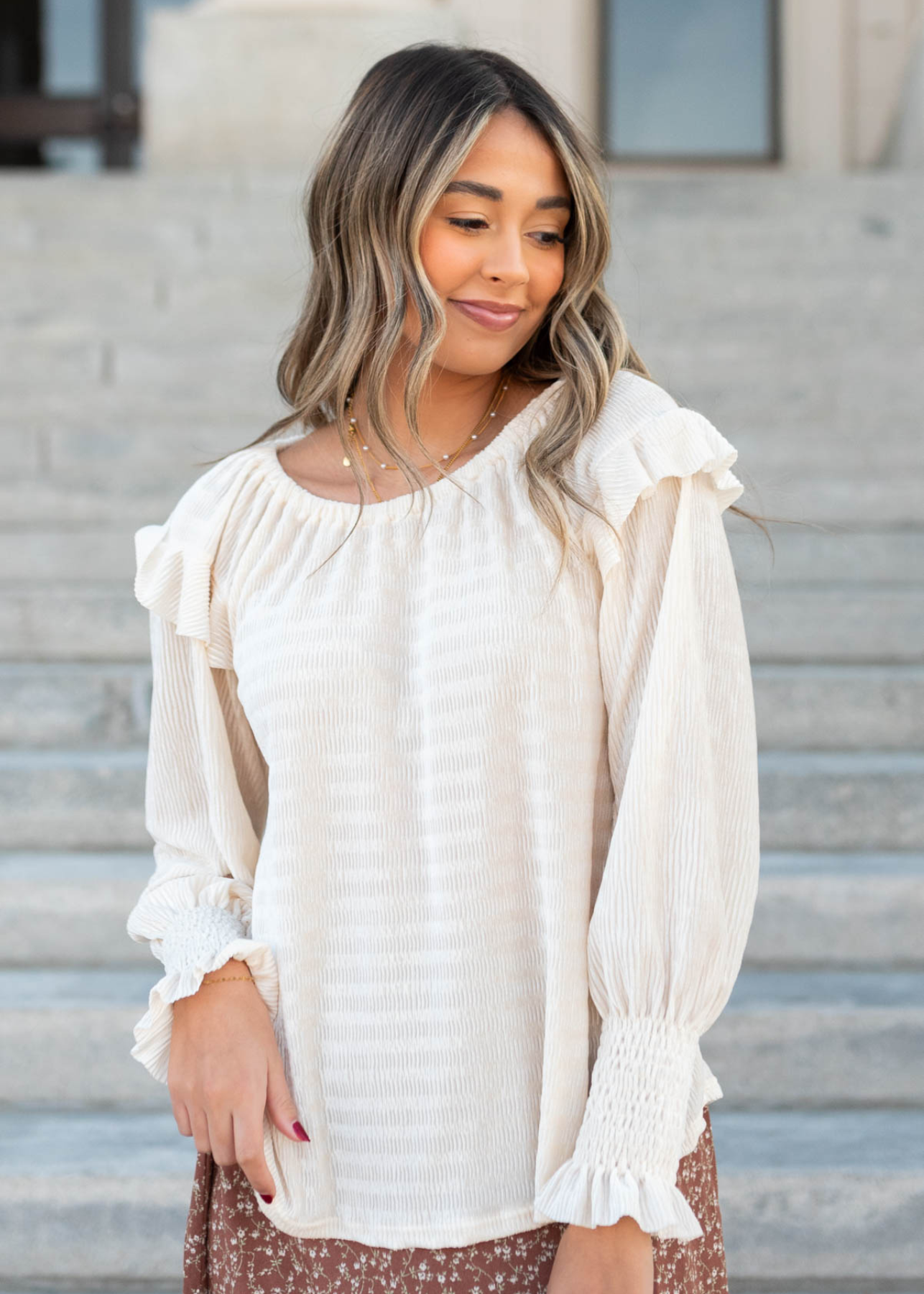 Mei Cream Ribbed Ruffle Blouse