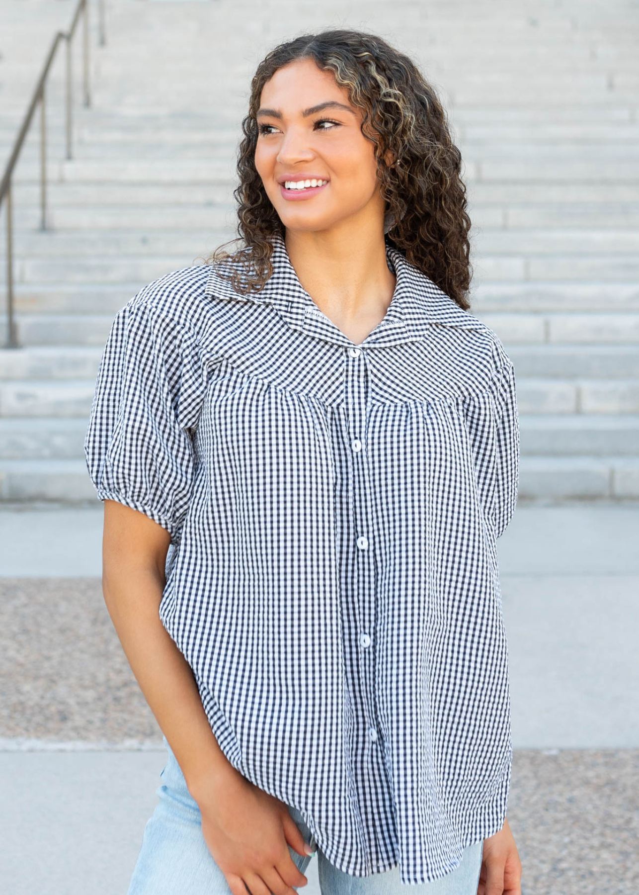Melonie Black Plaid Collared Top