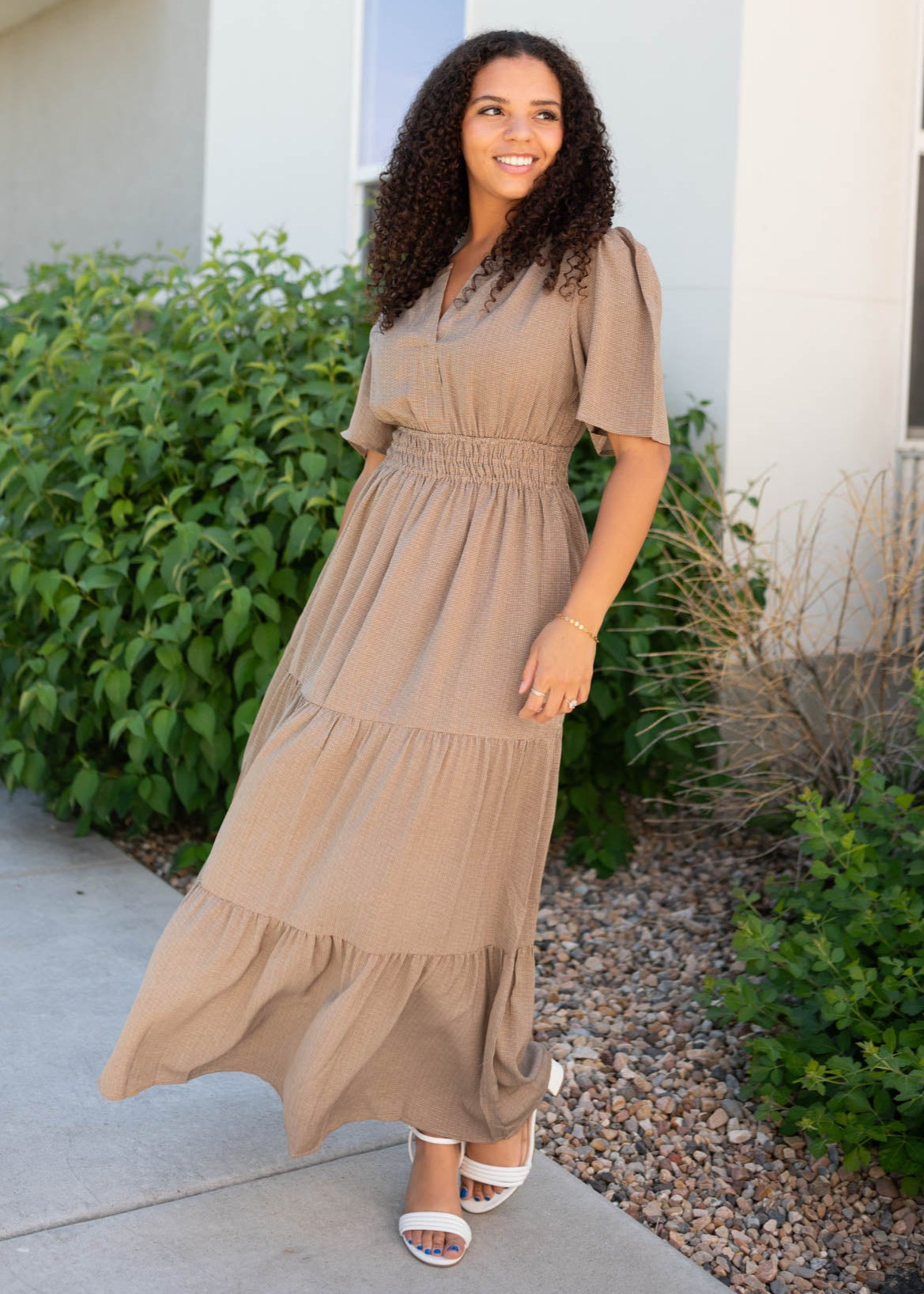 Mika Pale Brown Tiered Dress