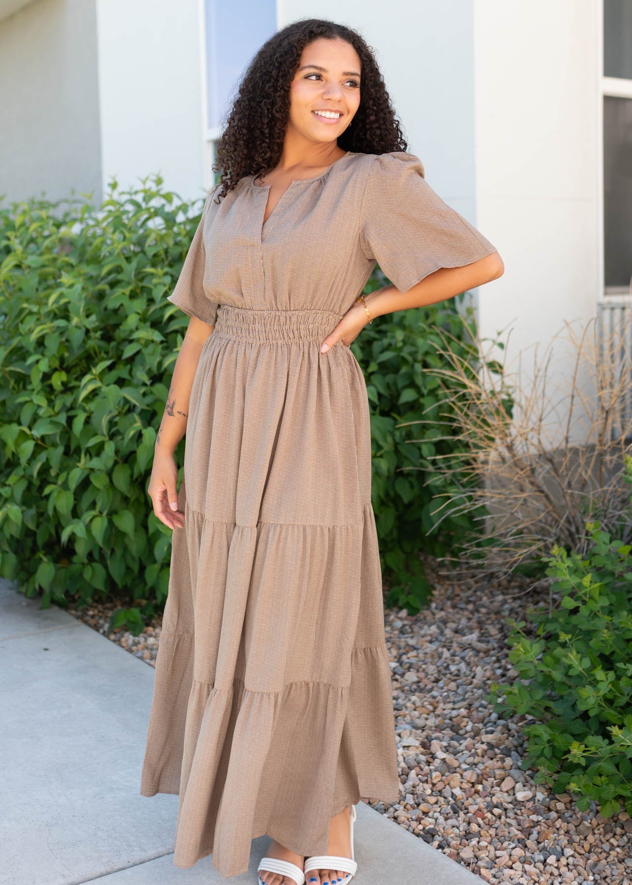 Mika Pale Brown Tiered Dress