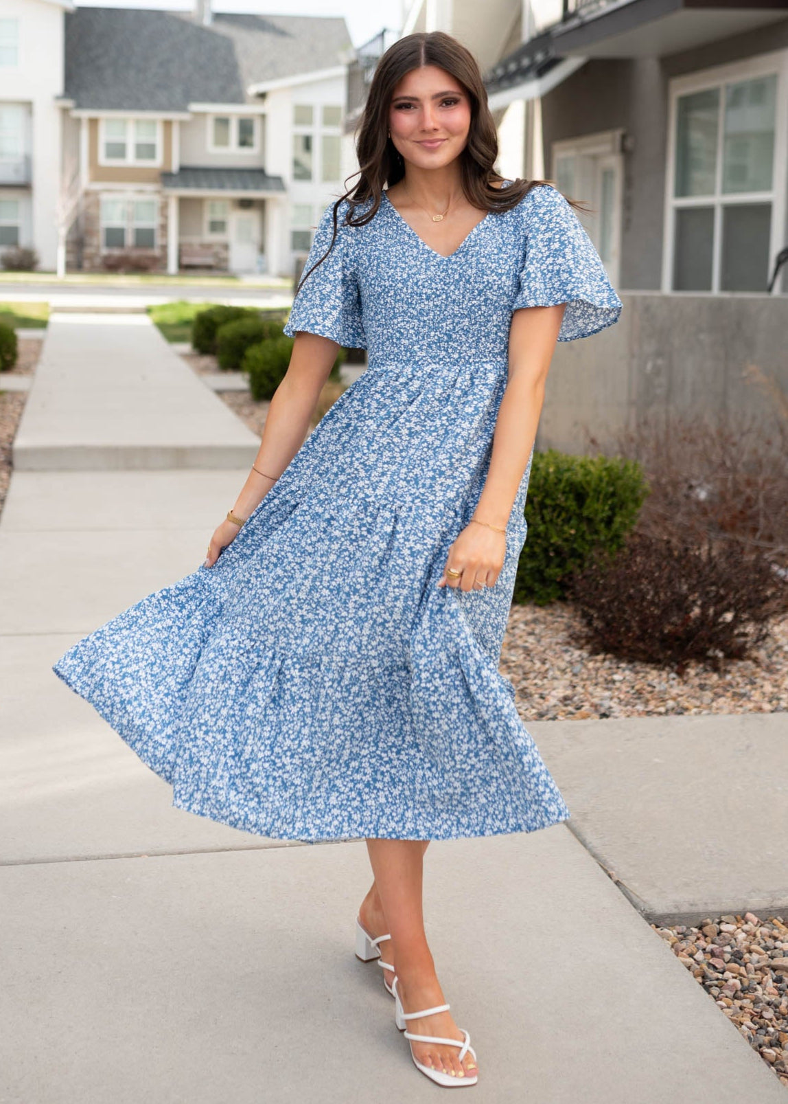 Mila Blue Smocked Floral Dress