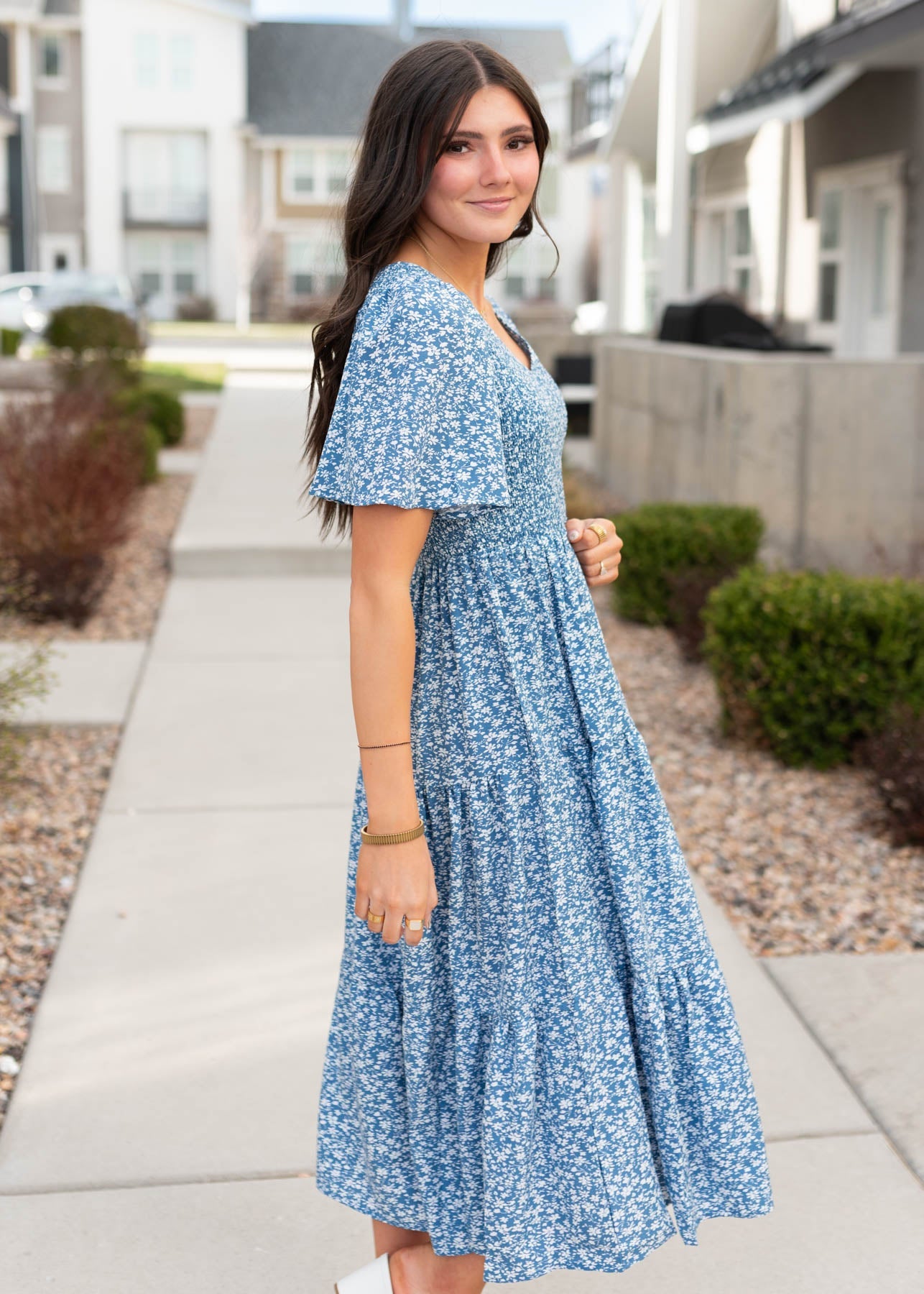 Mila Blue Smocked Floral Dress