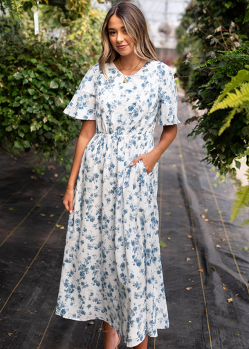 Mila Ivory Blue Floral Dress