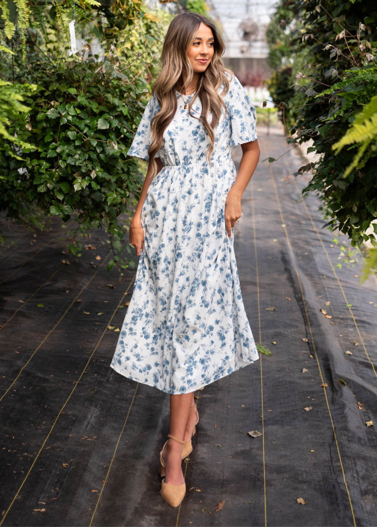 Mila Ivory Blue Floral Dress