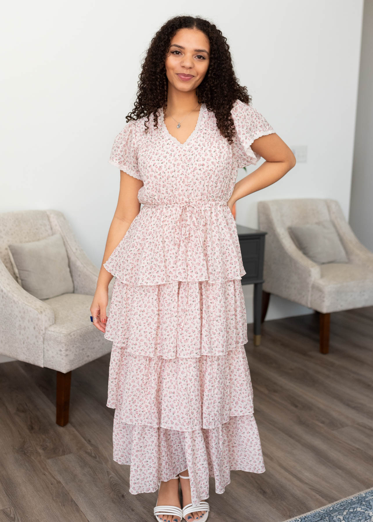 Mira Blush Rose Tiered Ruffle Dress