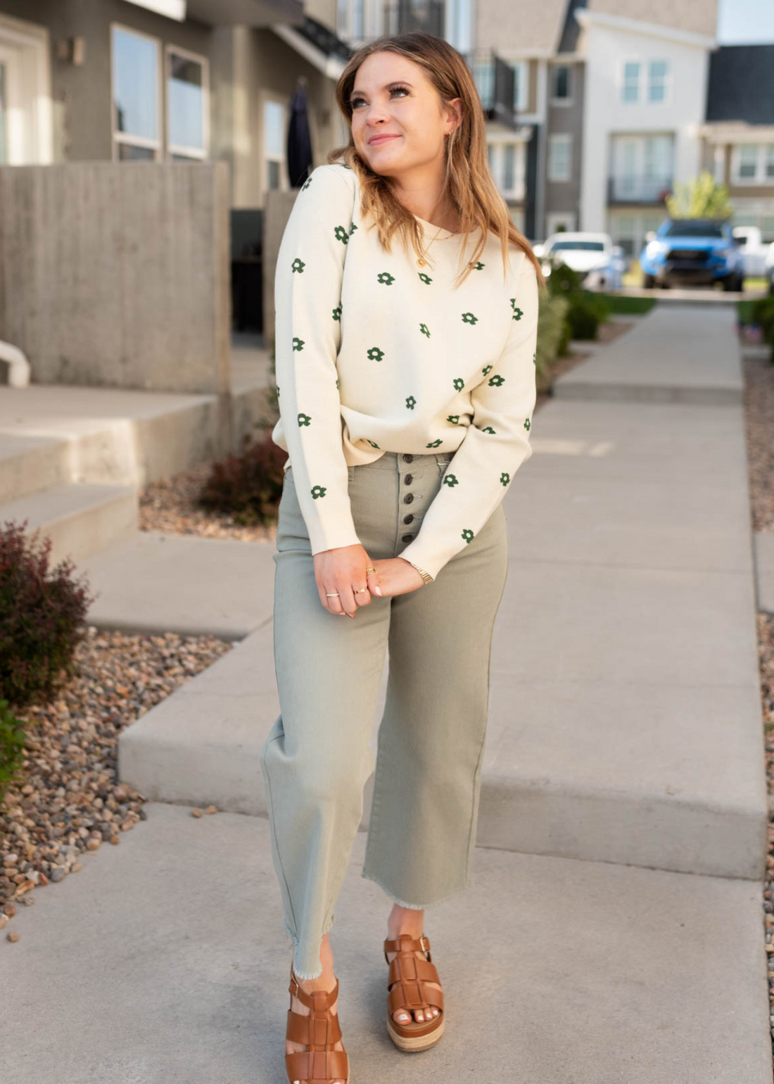 Molly Cream Green Floral Sweater
