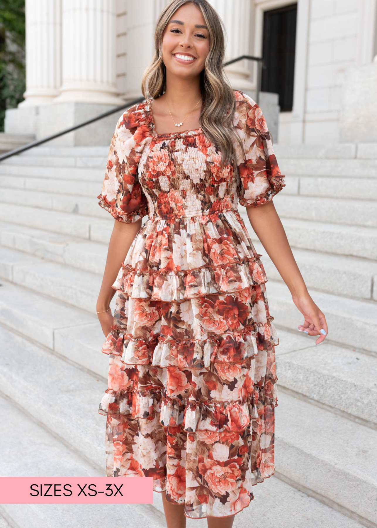 Natasha Rust Floral Ruffle Dress