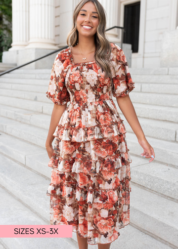 Natasha Rust Floral Ruffle Dress