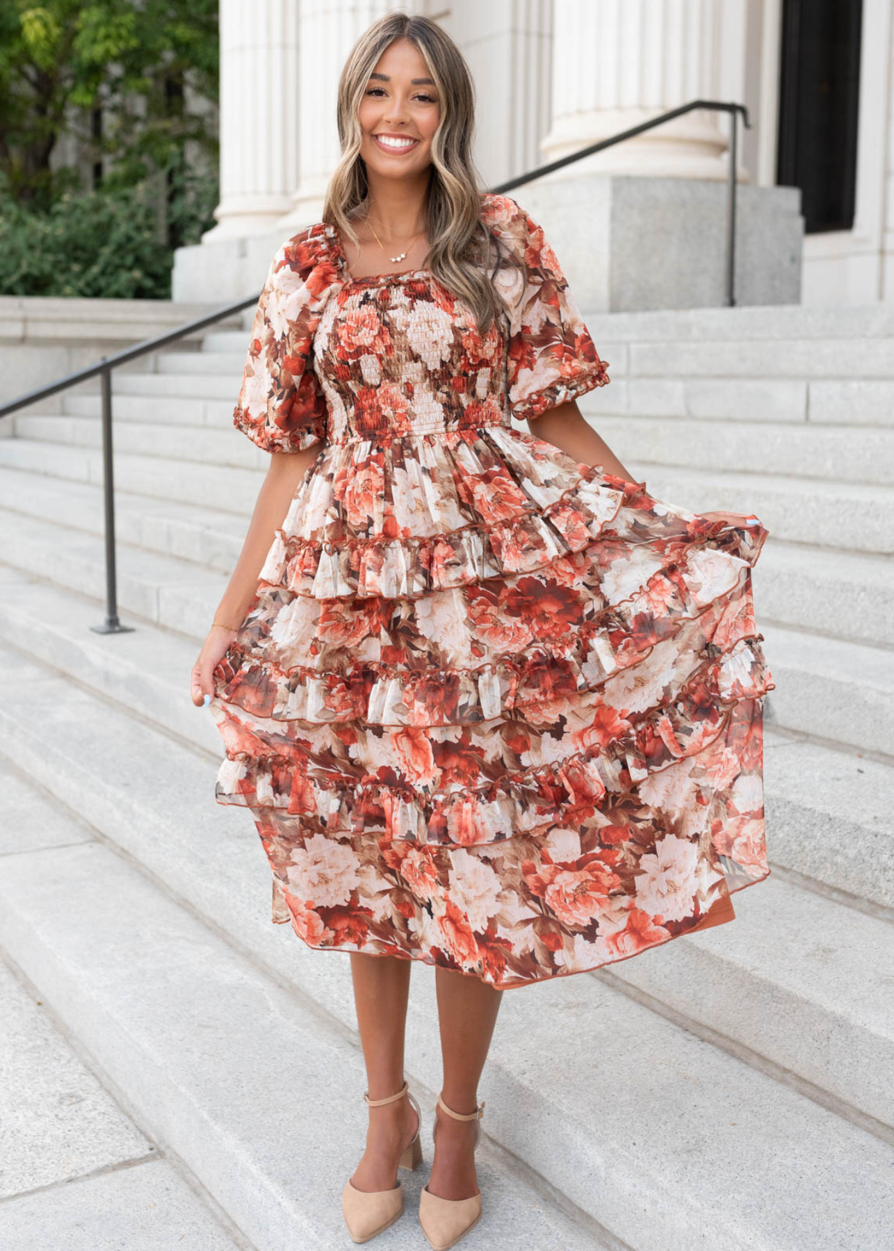 Natasha Rust Floral Ruffle Dress