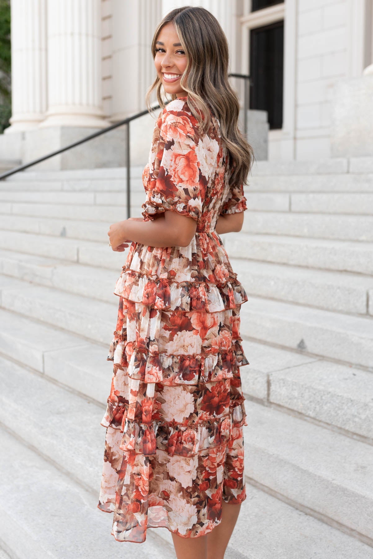 Natasha Rust Floral Ruffle Dress