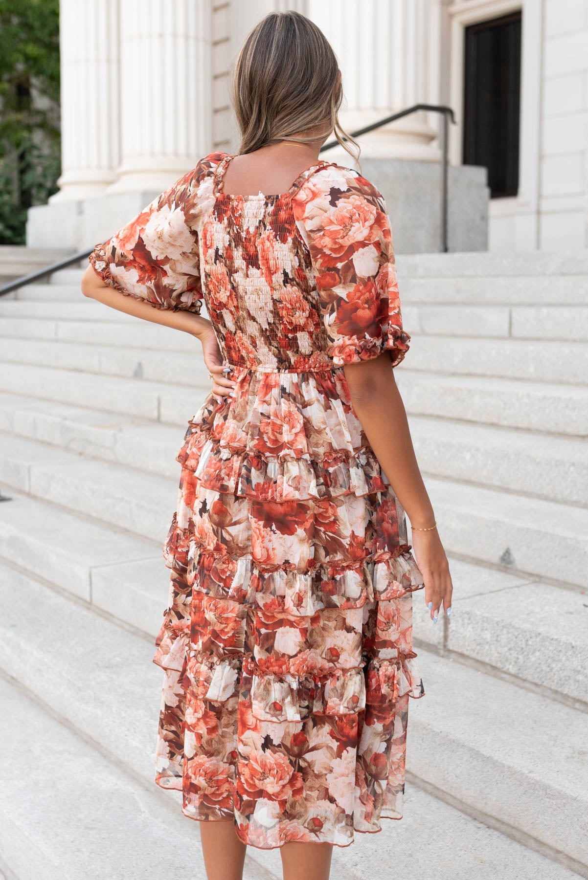 Natasha Rust Floral Ruffle Dress