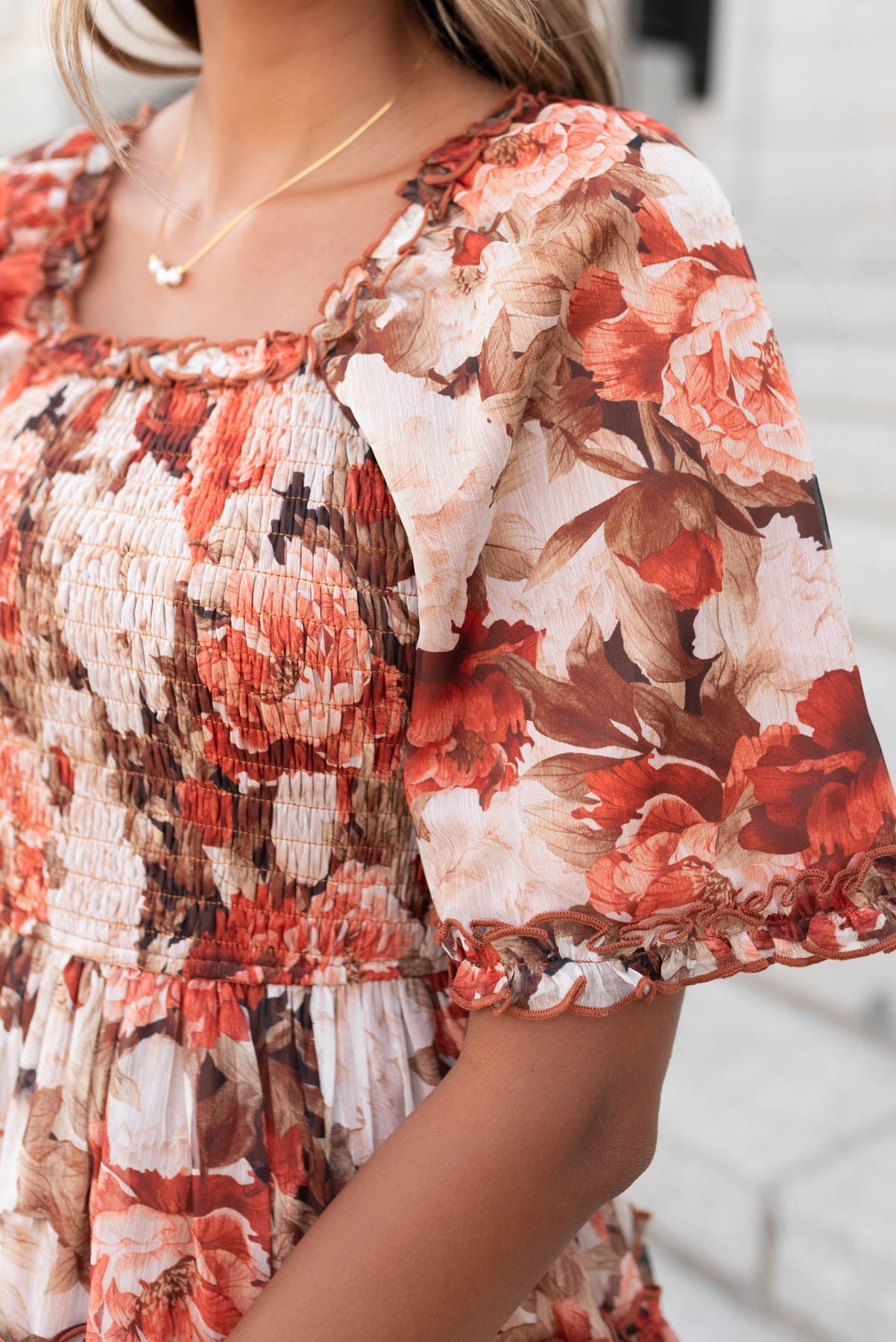 Natasha Rust Floral Ruffle Dress