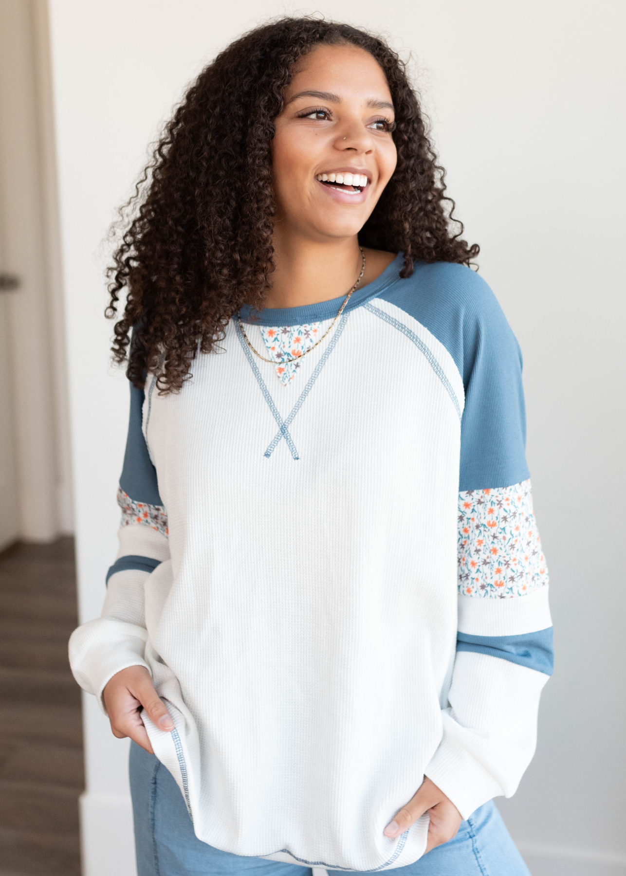 Nessa Blue Floral Patchwork Long Sleeve Top