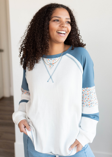 Nessa Blue Floral Patchwork Long Sleeve Top