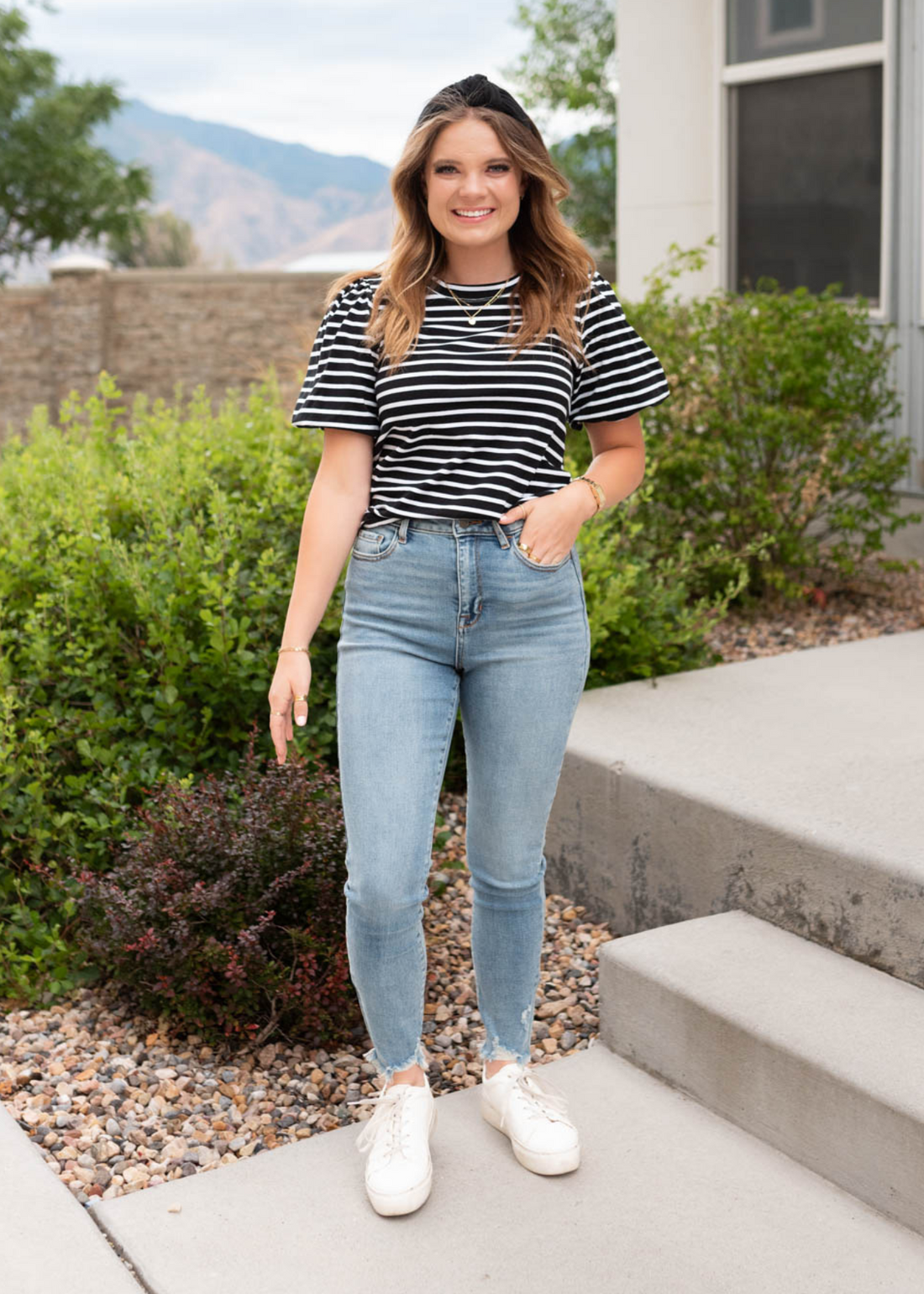 Nia Black Stripe Puff Sleeve Top