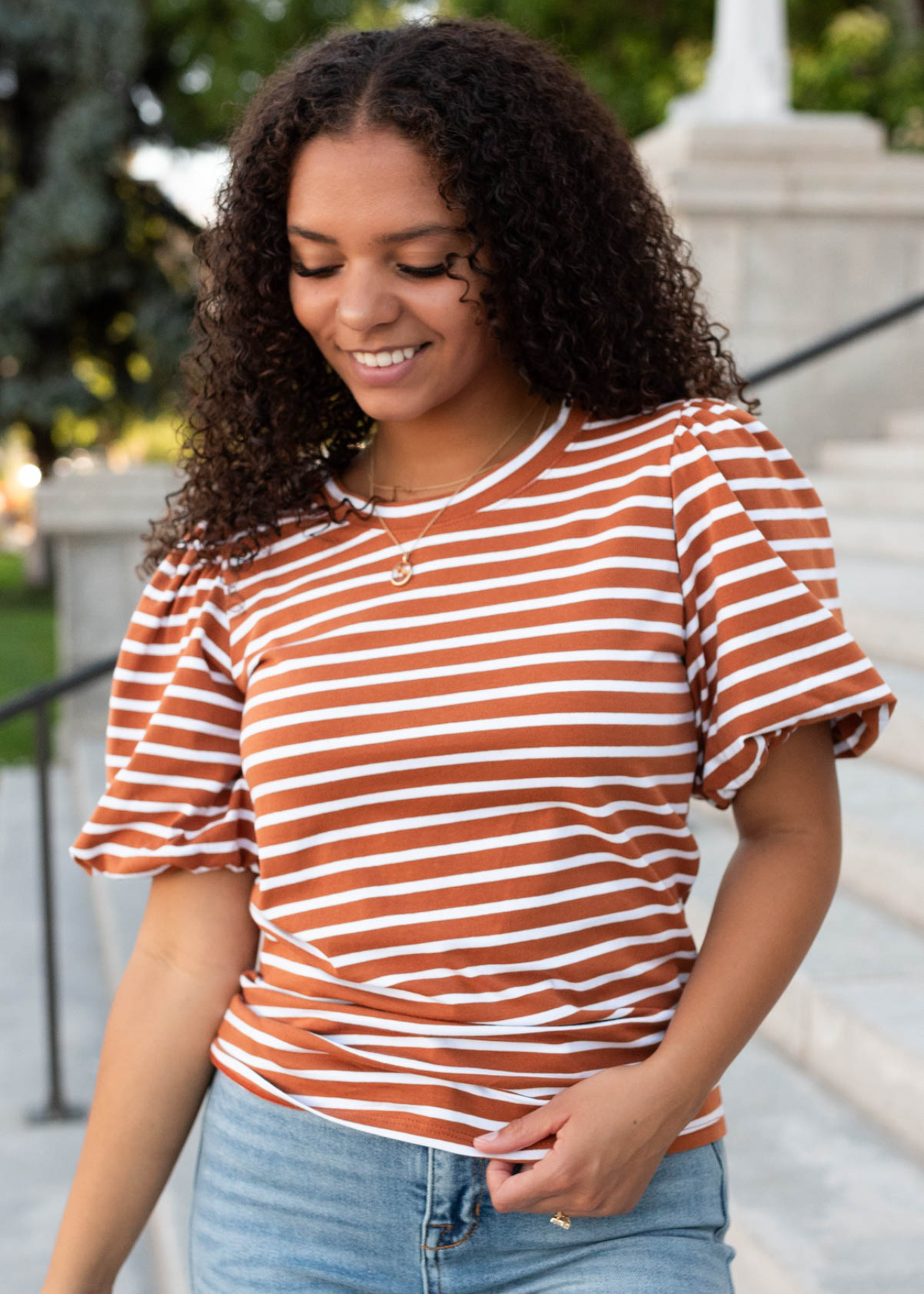 Nia Terracotta Stripe Puff Sleeve Top