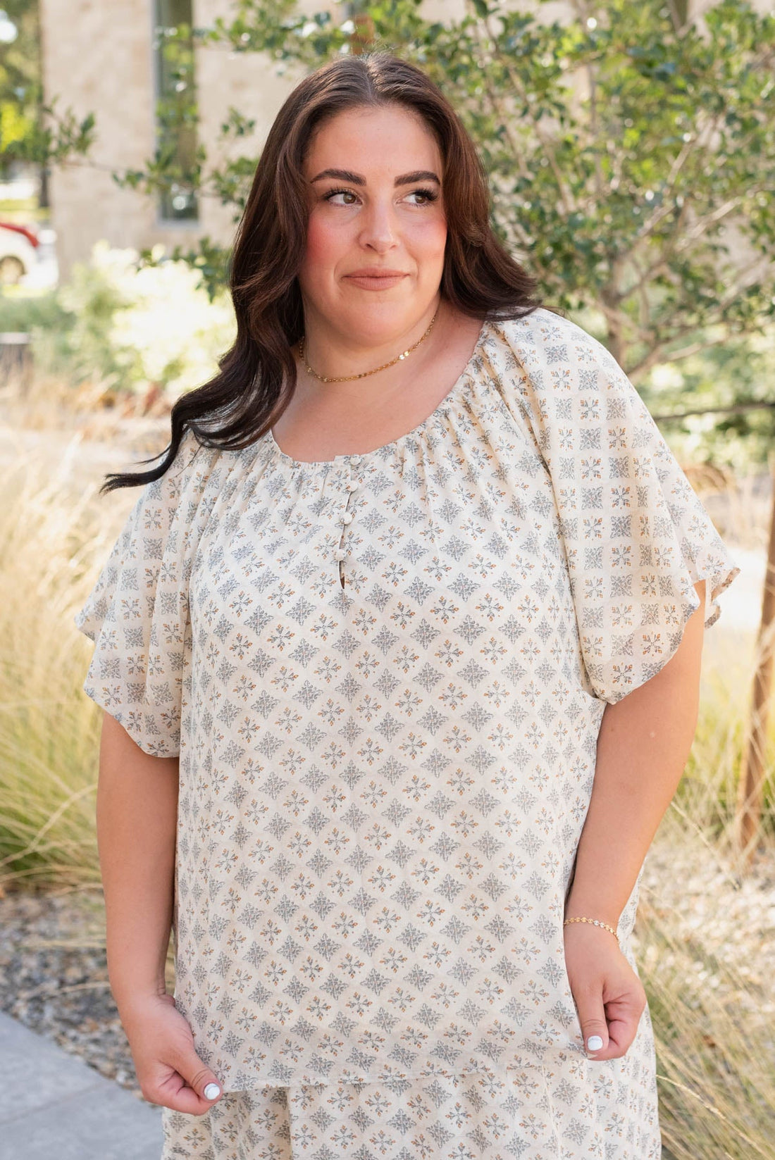 Nola Cream Pattern Chiffon Top