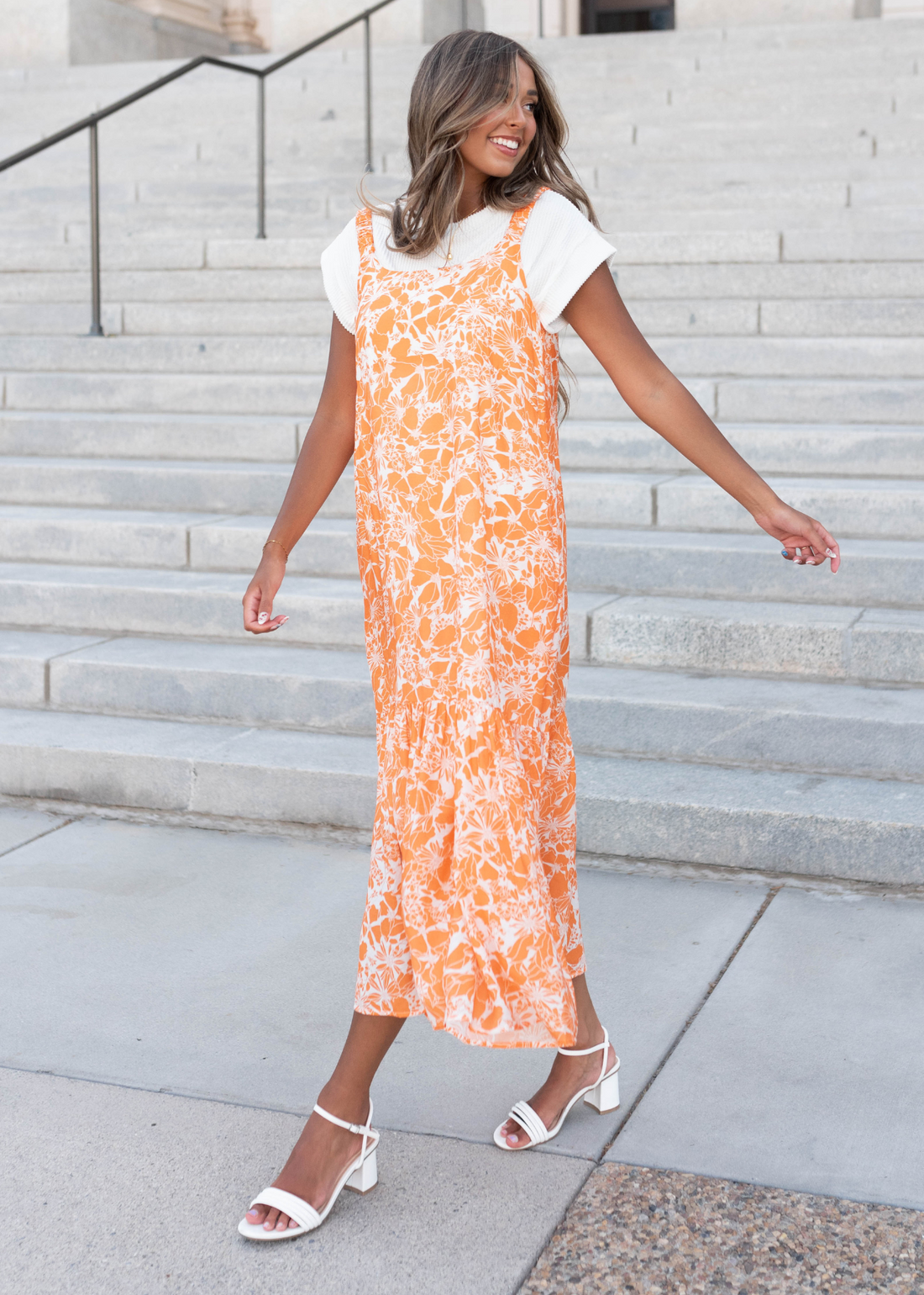Nora Orange Floral Strap Dress
