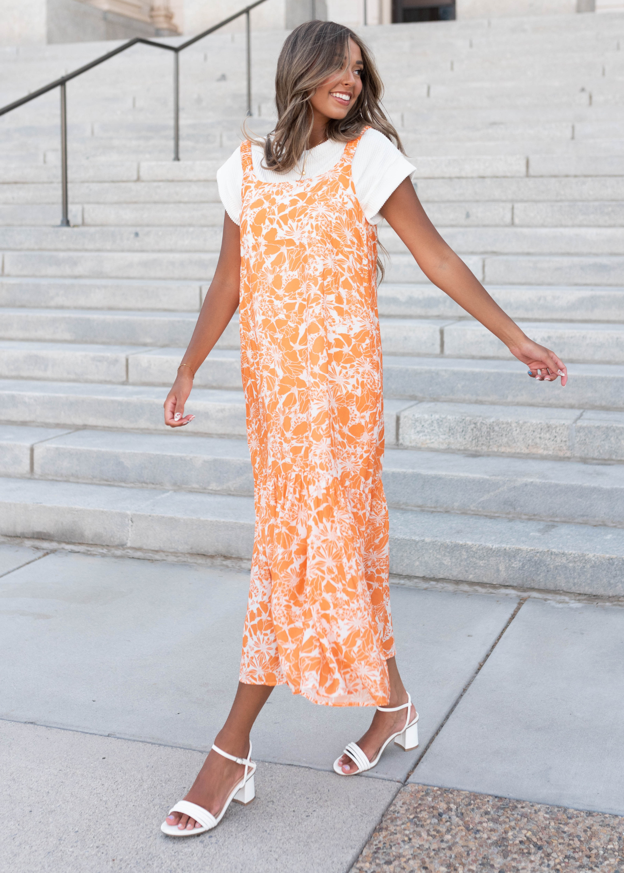 Nora Orange Floral Strap Dress