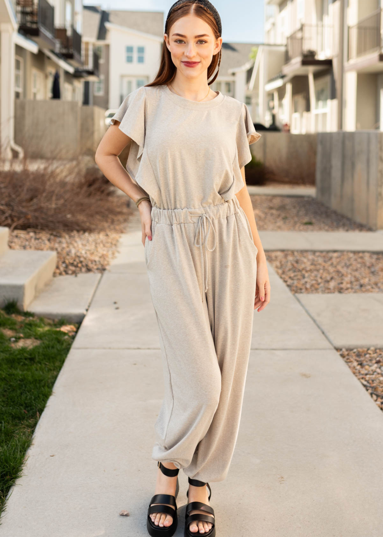 Phebe Taupe Drawstring Jumpsuit