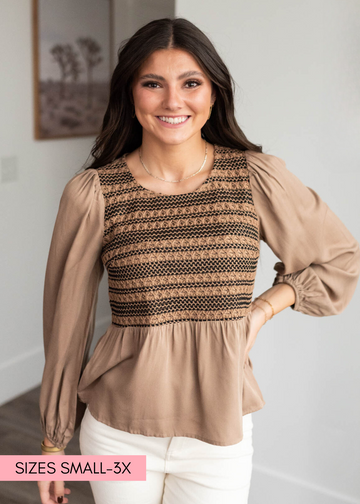 Prescilla Mocha Crochet Stripe Top