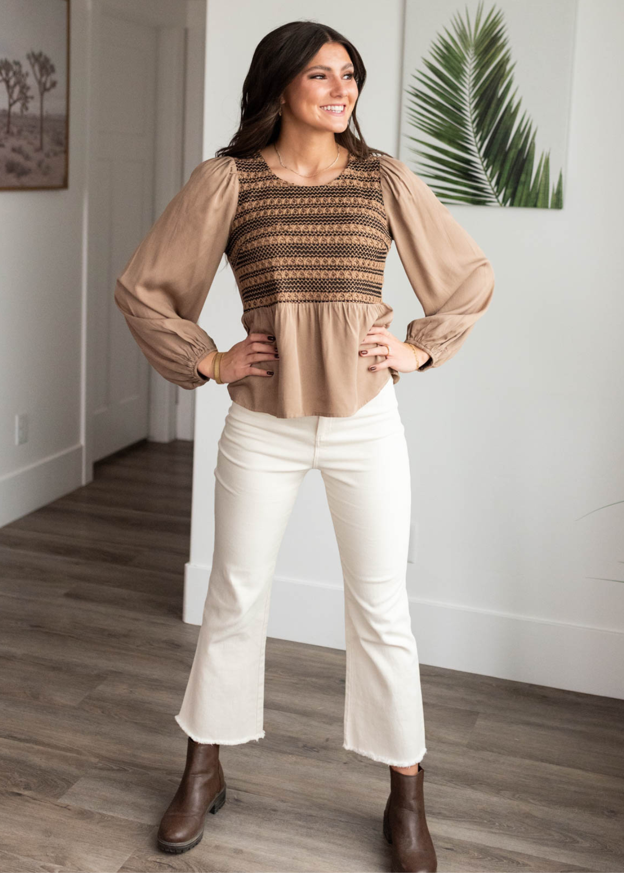 Prescilla Mocha Crochet Stripe Top