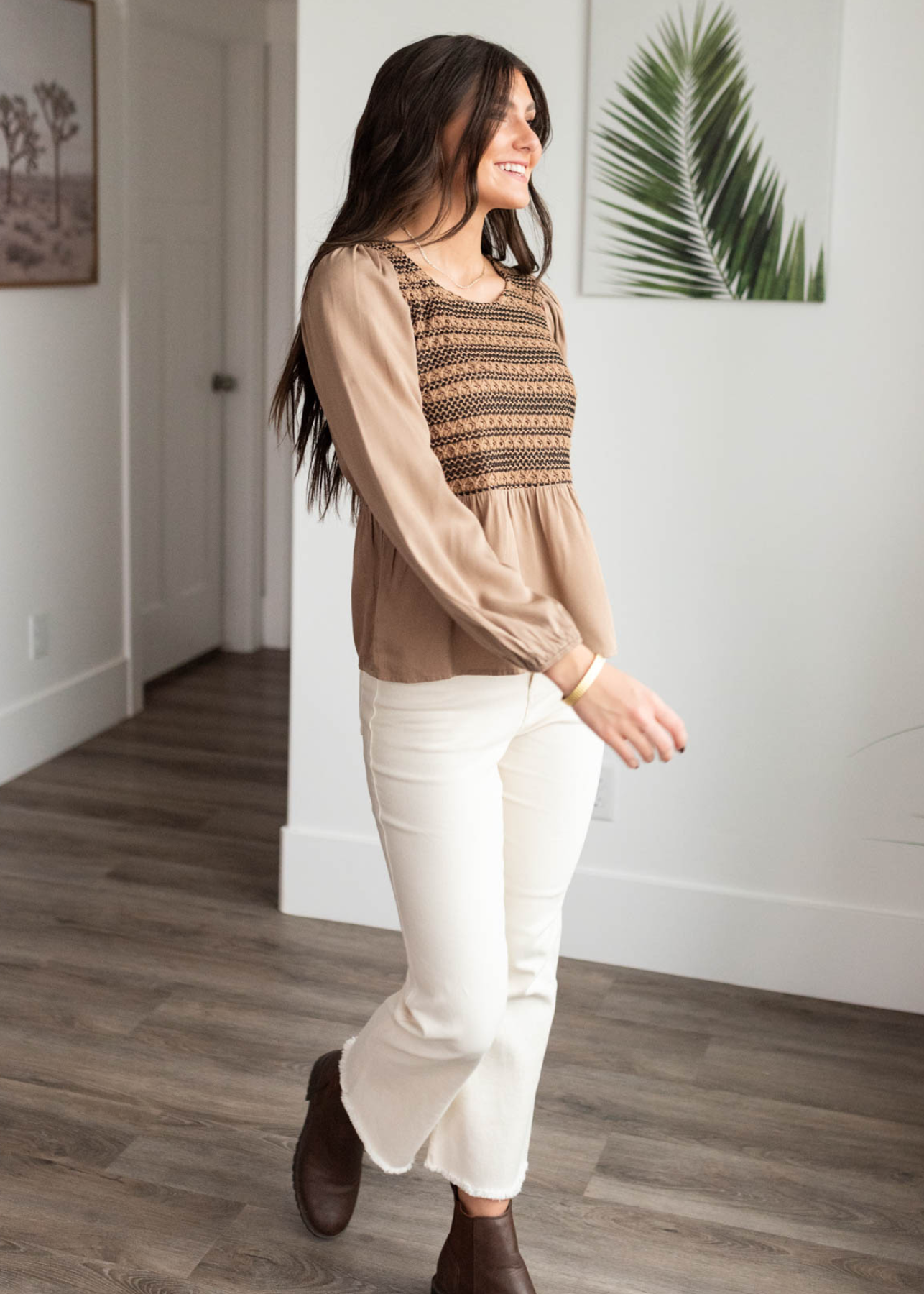 Prescilla Mocha Crochet Stripe Top