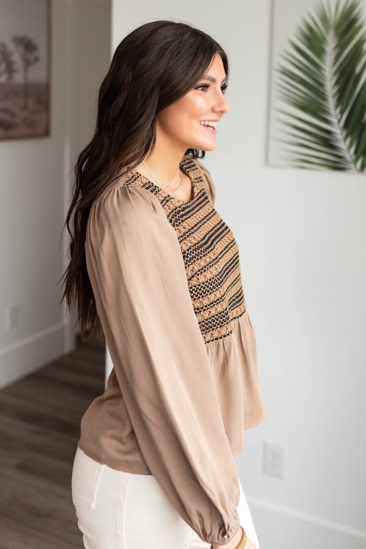 Prescilla Mocha Crochet Stripe Top